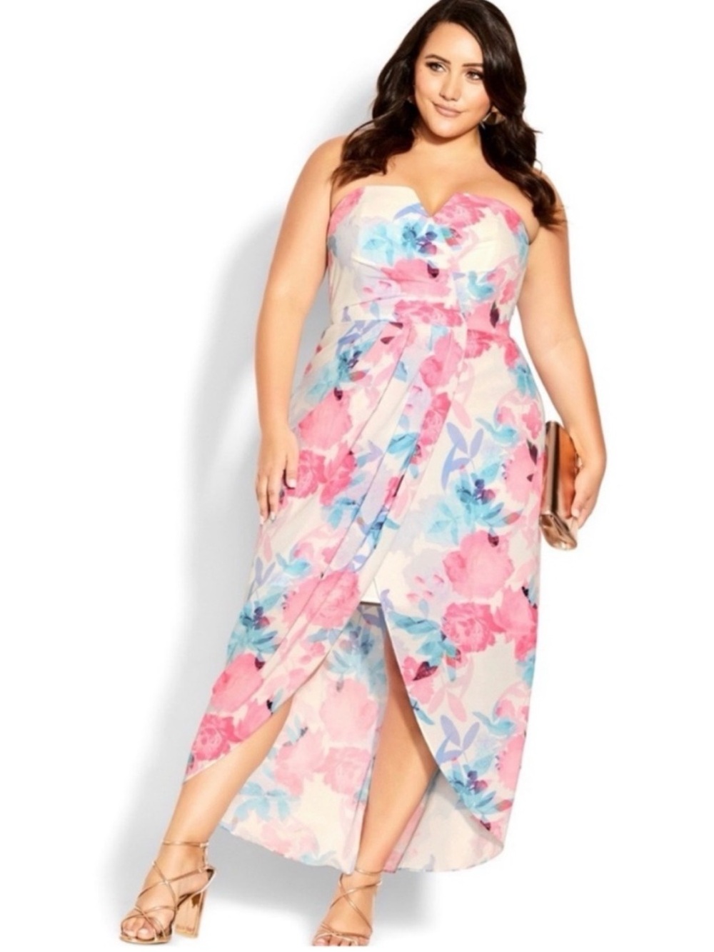 City Chic Strapless Floral Tulip-Hem Maxi Dress in Pink & Blue